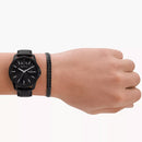 Armani Exchange Men's Three-Hand Day-Date Black Leather Watch And Black Stainless Steel Bracelet Set