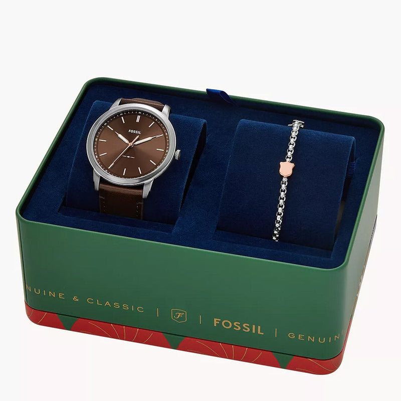 Fossil Minimalist Three-Hand Brown Leather Watch And Bracelet Box Set