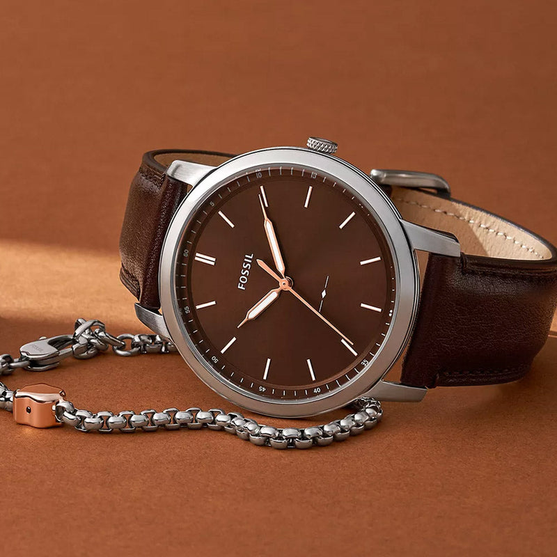 Fossil Minimalist Three-Hand Brown Leather Watch And Bracelet Box Set