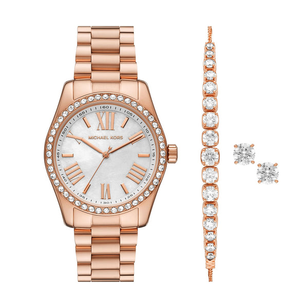 Michael Kors Lexington Three-Hand Rose Gold-Tone Stainless Steel Watch And Jewelry Gift Set