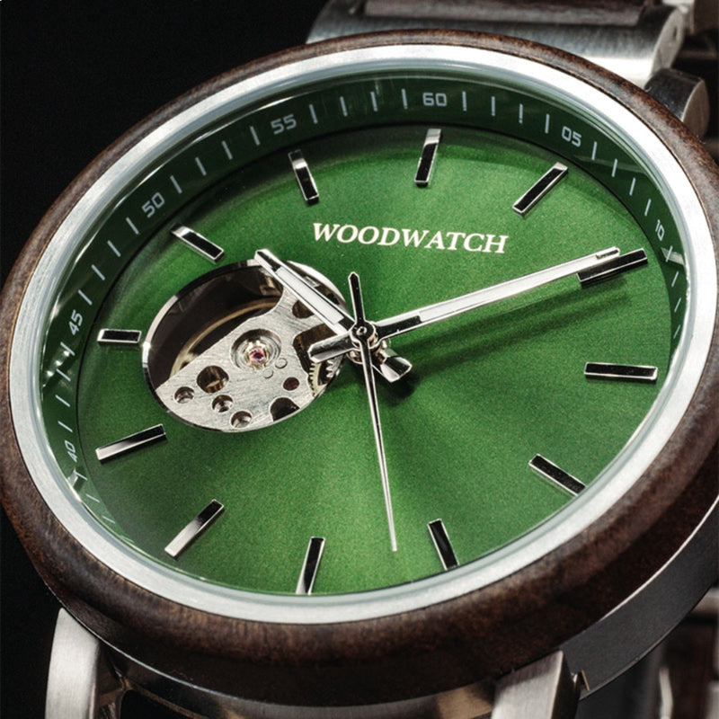 WOODWATCH MEN'S CLASSIC OPEN-HEART PURE GREEN AUTOMATIC WATCH