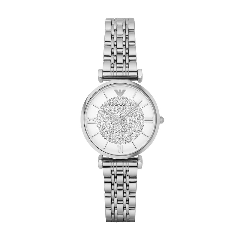 Emporio Armani Women's White Dial Gianni T-Bar Fashion Quartz Stainless Steel Silver Watch