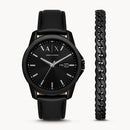 Armani Exchange Men's Three-Hand Day-Date Black Leather Watch And Black Stainless Steel Bracelet Set