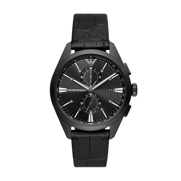 EMPORIO ARMANI CHRONOGRAPH BLACK LEATHER WATCH