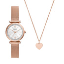 Fossil Carlie Three-Hand Rose Gold-Tone Stainless Steel Mesh Watch And Necklace Box Set
