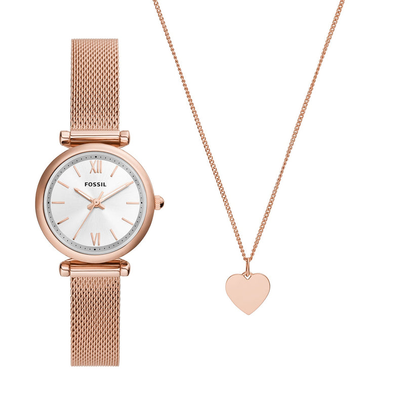 Fossil Carlie Three-Hand Rose Gold-Tone Stainless Steel Mesh Watch And Necklace Box Set