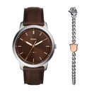 Fossil Minimalist Three-Hand Brown Leather Watch And Bracelet Box Set