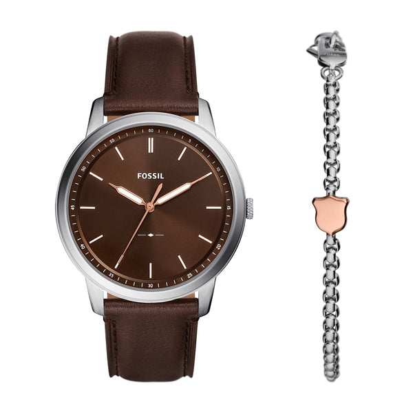 Fossil Minimalist Three-Hand Brown Leather Watch And Bracelet Box Set