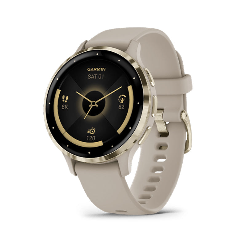 Garmin Venu 3S Soft Gold Stainless Steel Bezel With French Gray Case And Silicone Band Full Color Display Watch