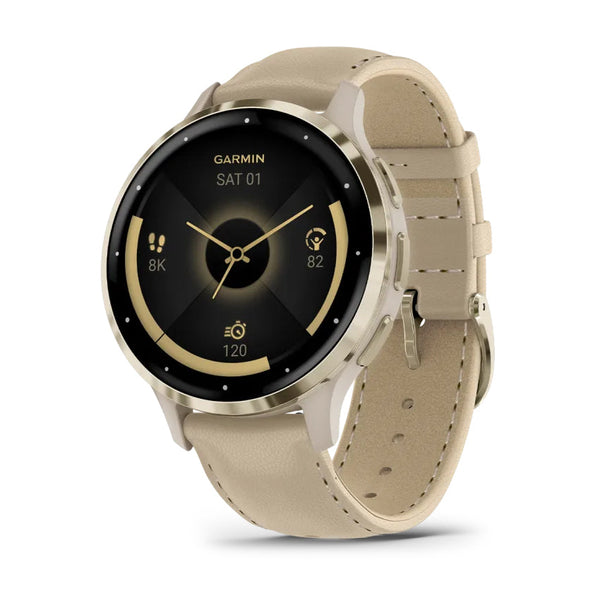 Garmin Venu 3S Soft Gold Stainless Steel Bezel With French Gray Case And Leather Band Includes French Gray Silicone Band  Full Color Display Watch