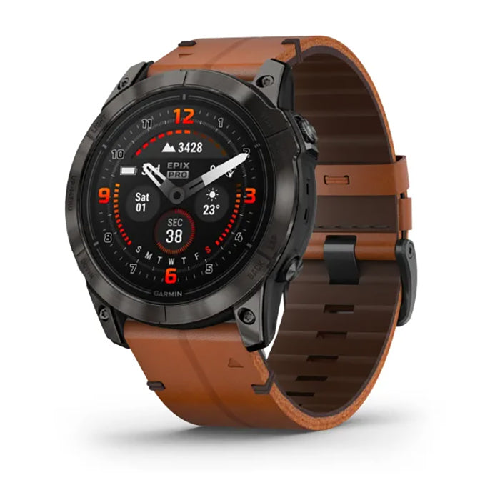 Garmin Epix Pro Gen 2 Sapphire Edition 51mm Carbon Gray DLC Titanium Chestnut Leather Graphite Silicone Full Display Watch - 010-02804-30