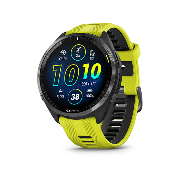 Garmin Forerunner 965 Carbon Gray Dlc Titanium Bezel With Black Case And Amp Yellow Black Silicone Band Full Color Display Watch