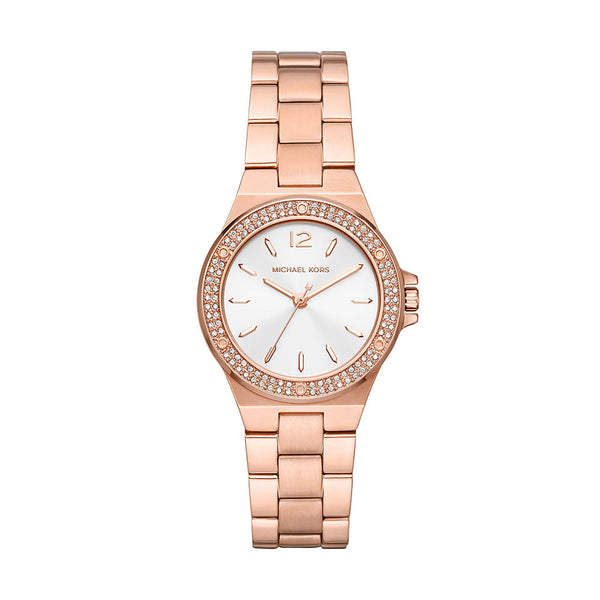 Michael Kors Mini Lennox Three Hand Rose Gold Tone Stainless Steel Wom