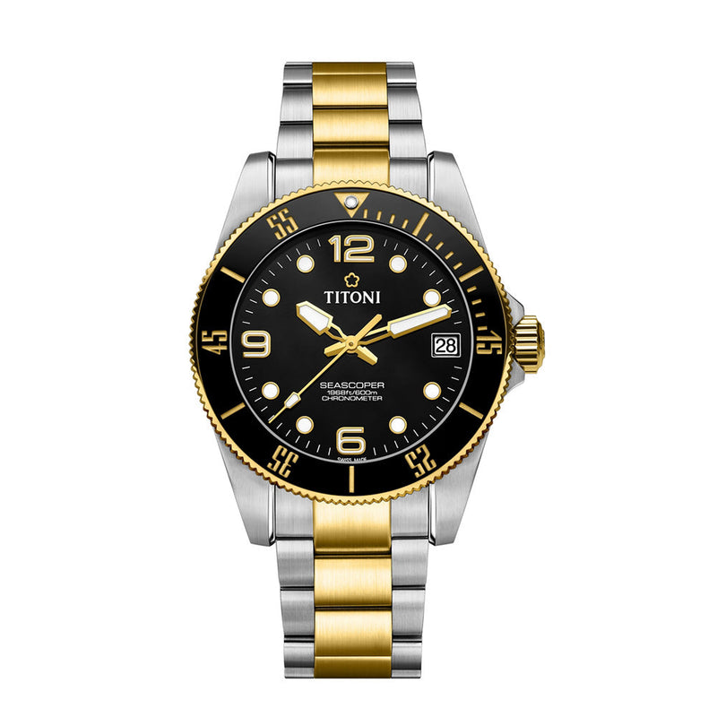 Titoni Men's Automatic Stainless Steel/Yellow Gold PVD Case Black Dial Watch