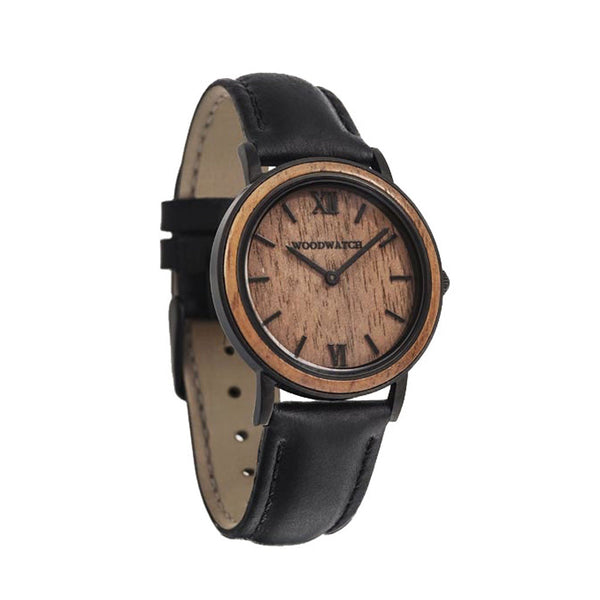 WOODWATCH WOMEN'S MINIMAL BROWN WALNUT JET PETITE QUARTZ WATCH