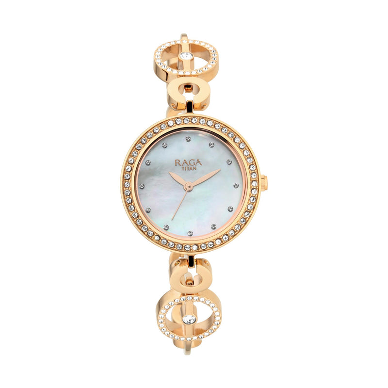 Titan Raga Mother of Pearl Dial Analog Watch for Women with Crystals studded Case, Indices and Straps