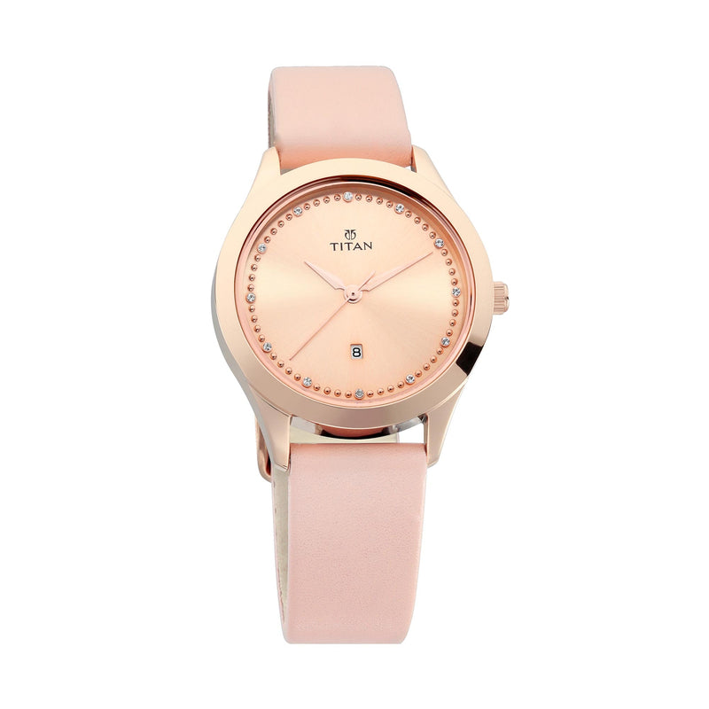 Pink Dial Date Function Leather Strap Watch
