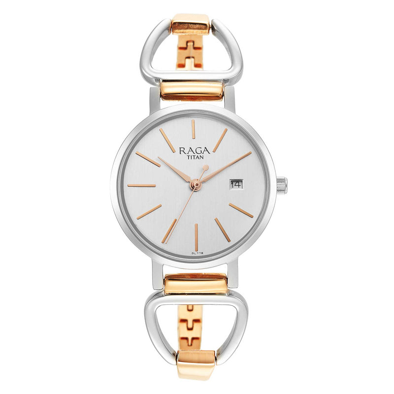 Titan Quartz Analog with Date Two Toned Colour Metal Strap Watch for Women