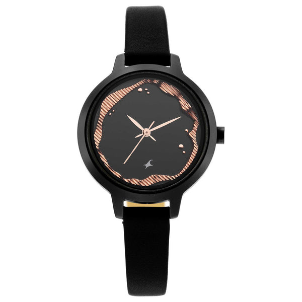 Fastrack Girls Fashion Watches everyday wear with leather black strap, petals, flowers, uptown retreat