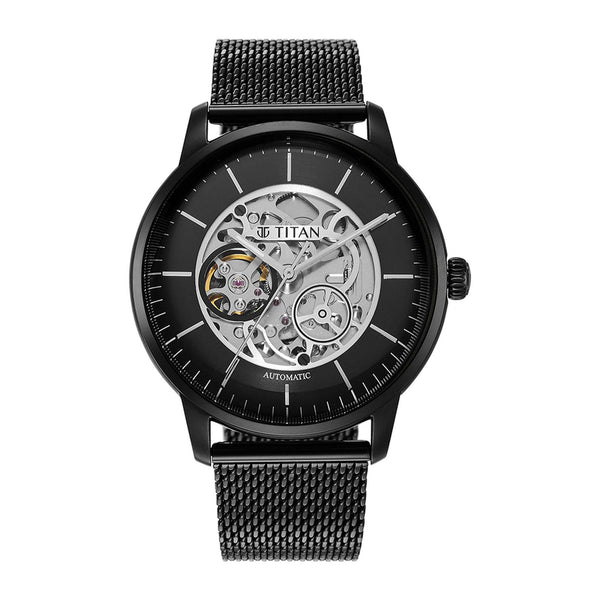 Titan Mechanical Black Dial Stainless Steel Strap Watch for Men