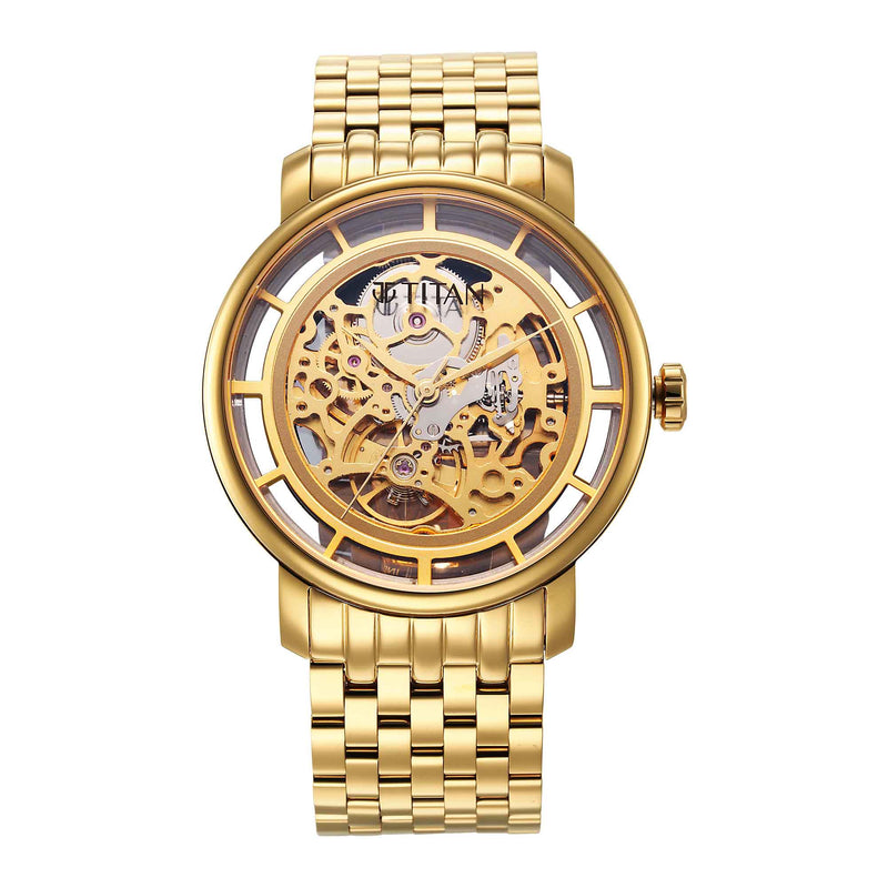 Titan Mechanical Slimline Watch for Men With Golden Colour Stainless Steel Strap