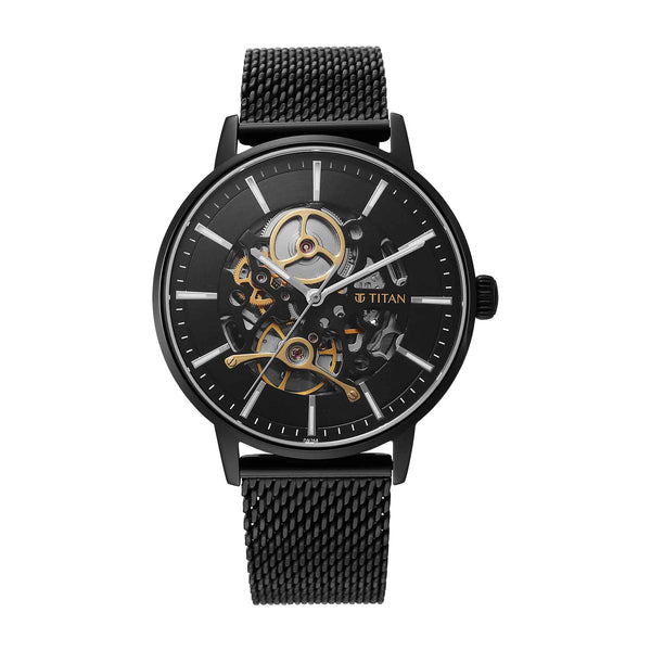 Titan Mechanical Slimline Watch for Men With Black Colour Stainless Steel Strap