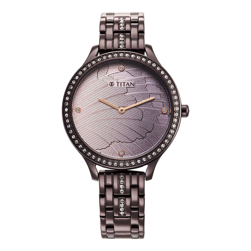 Titan Glitz Purple Dial Analog Watch for Women with Stainless Steel Strap