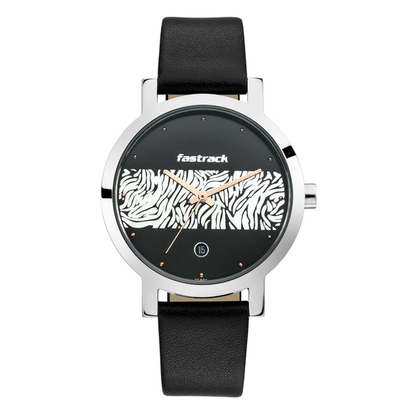 Fastrack  Animal Print Watch - Black with White pattern Dial Analog with Date Function 6222SL04