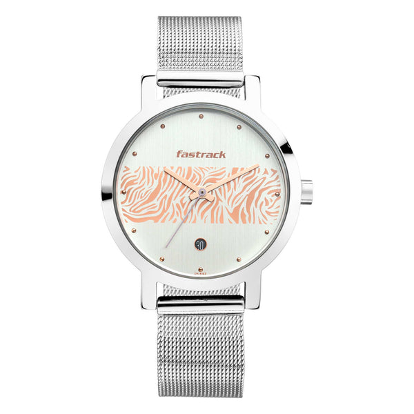 Fastrack  Animal Print Watch - Silver with Rose Gold pattern Dial Analog with Date Function 6222SM03