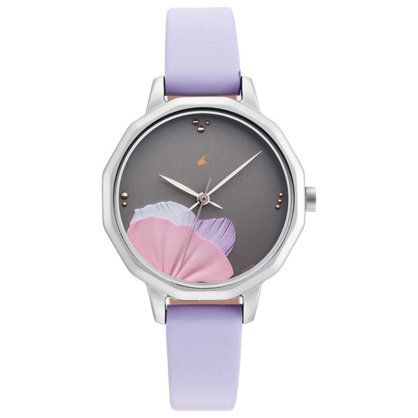 Fastrack Girls Fashion Watches everyday wear with leather Purple strap, petals, flowers, uptown retreat 6259SL01