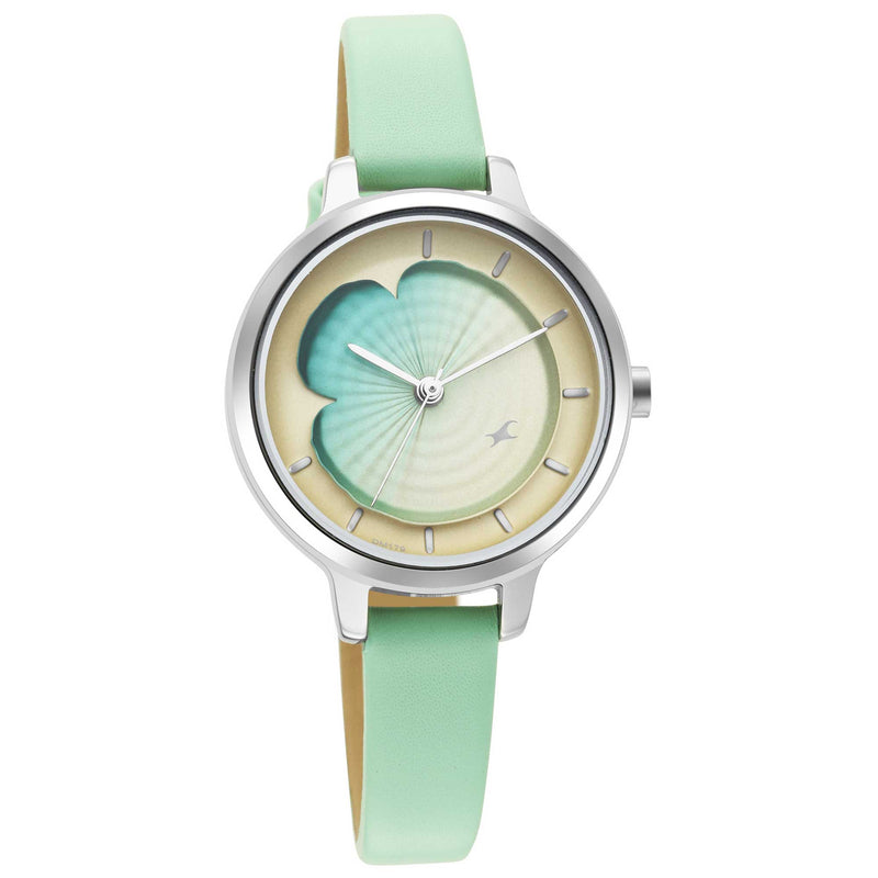 Fastrack Girls Fashion Watches everyday wear with leather Green strap, petals, flowers, uptown retreat 6264SL01