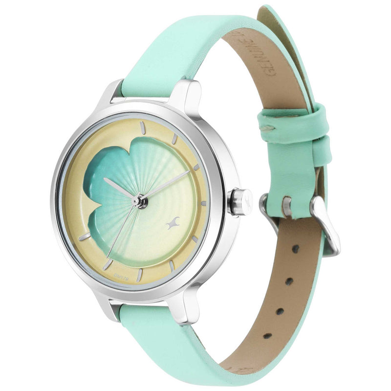 Fastrack Girls Fashion Watches everyday wear with leather Green strap, petals, flowers, uptown retreat 6264SL01