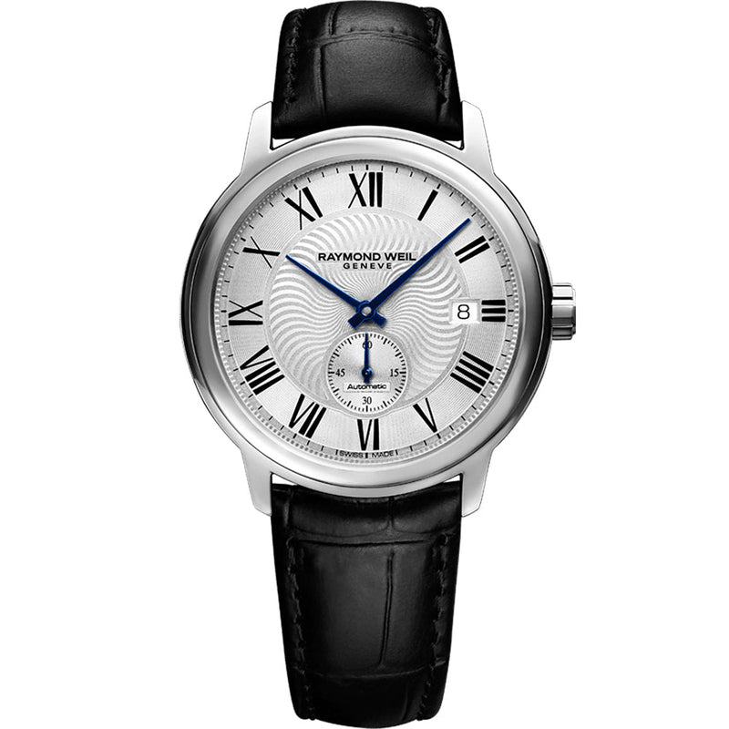 RAYMOND WEIL MEN'S MAESTRO AUTOMATIC LEATHER STRAP SILVER DIAL WATCH - 2238STC00659