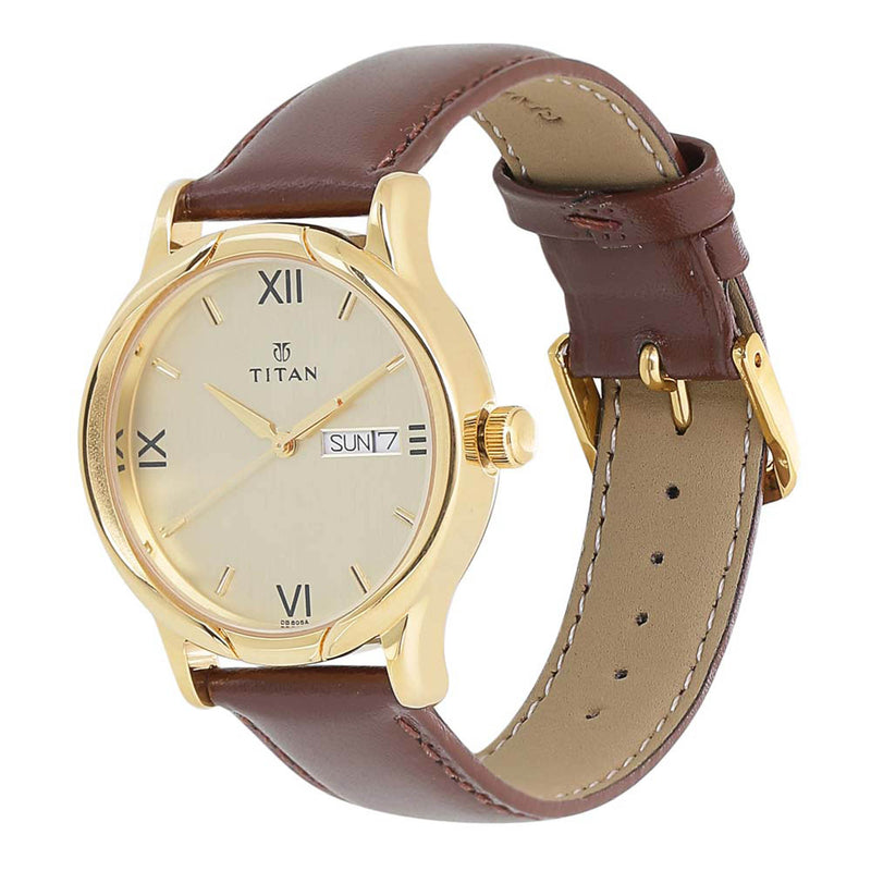 TITAN CHAMPAGNE DIAL LEATHER STRAP WATCH 1580YL05