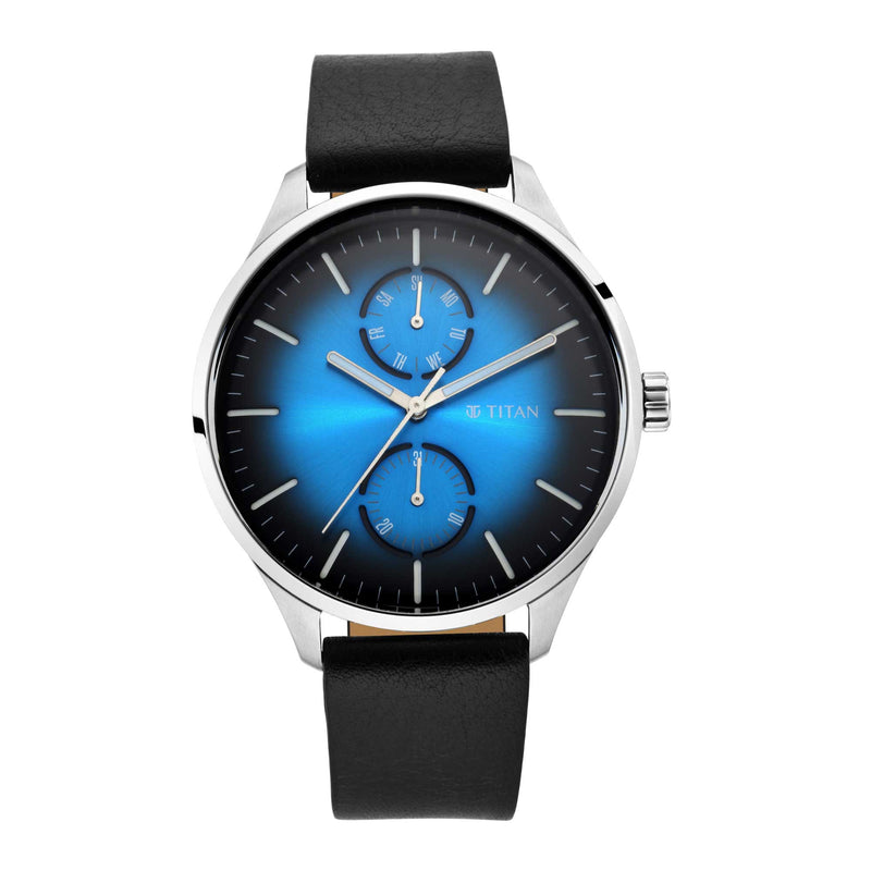 TITAN EVOKE GRADIENT BLUE DIAL BLACK LEATHER STRAP WATCH 1833SL03